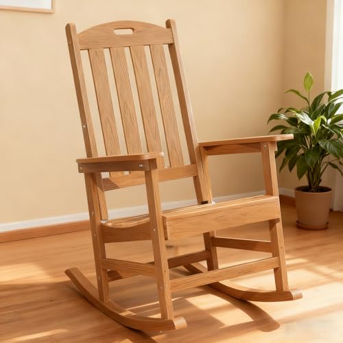 LETBASK Wooden Rocking Chairs Outdoor High Back and Armrest Porch Chair All Weather Porch Rockers for Porch/Garden/House Use.(Natural)