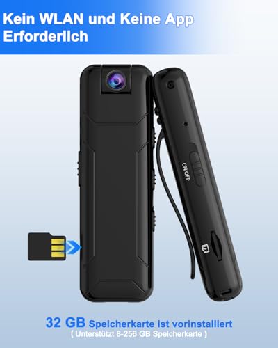 Bextgoo Bodycam, 1080P Mini Kamera mit 32GB TF Karte, 10 Stunden Akkulaufzeit Körperkamera,180° Drehbares Objektiv, Kleine Kamera Ohne WLAN für Reisen, Fahrrad, Outdoor-Sicherheit