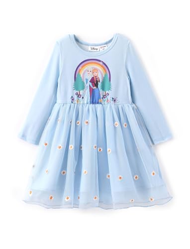 Disney Frozen Elsa Princess Cinderella Ariel Jasmine Rapunzel Baby/Toddler Dress, Ruffle Long-Sleeve Mesh Overlay Tulle Dress