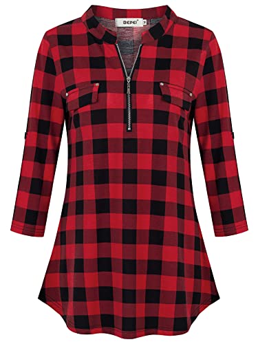 Bepei Fall Clothes For Women,Plaid Shirts Christmas Trendy 3/4 Sleeve Tops 2023 Zip Up V Neck Casual Work Dressy Blouses Petite Vintage Tunics Ladies Clothing Flannel Shirt, Black Red M #TOP1