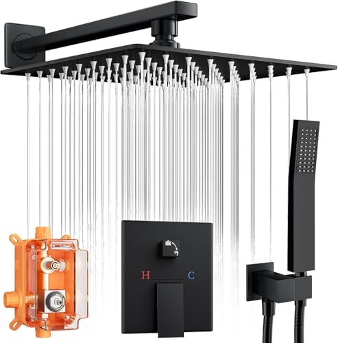 Concealed Shower System with Brass Pressure Balance Valve, 10 Inch Rain Shower Head & Handheld Spray, Solid Brass Rough-In Valve, Anti-Scald Faucet Set, 1/2" US NPT, Matte Black