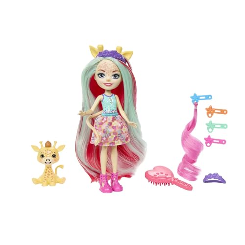 Enchantimals Glam Party, Gillian Giraffe y Pawl, muñeca Jirafa con Pelo Exclusivo y Mascota, Falda Intercambiable y Accesorios, Regalos para niños y niñas, HNV29
