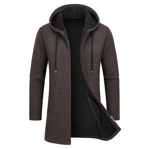 KUDMOL Mens Hooded Cardigan Mid-Length Full Zip Fleece Lined Striped Sweater with Pockets for Fall Winter(Coffe,L)