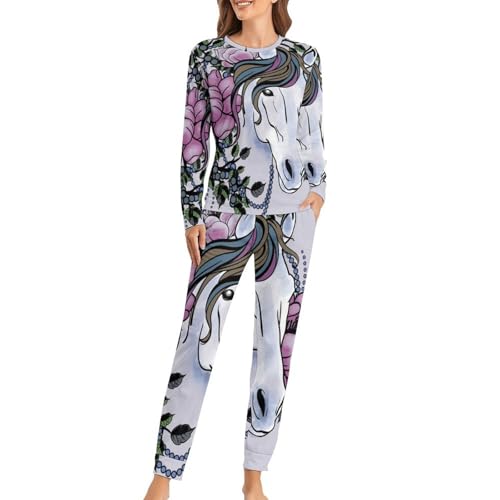 Ensemble pyjama femme Cheval Blanc t-shirt manches longues pantalon contre le froid nocturne