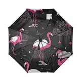 miaozhen Paraguas de viaje resistente al viento, portátil, nieve, flamenco, rosa y negro, protección solar, paraguas para hombres, mujeres, niños y niñas, paraguas de cierre automático para lluvia y