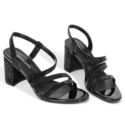 Image of Heels For Women Heeled Sandals High Chunky Heels Strappy Open Toe Rhinestone Round Toe Comfortable Sparkly Dress Wedding Shoes Bridal Prom