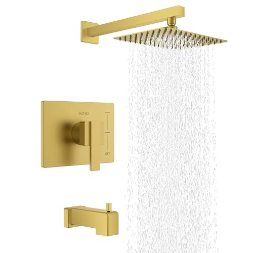 KENES Brushed Gold Tub and Shower Trim Kit, Modern Shower Faucet Set with Single-Spray Gold Shower...