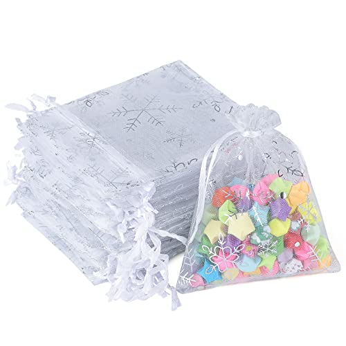 G2PLUS Bolsas de Organza Navidad Blanco: Bolsas Organza Copo Nieve Pequeñas 9x12 cm para Navidad, Boda, Cumpleaños, Dulces, Joyería,50PCS