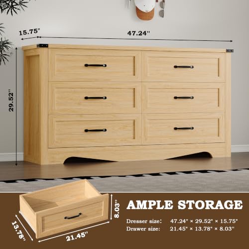 Image of BORNOON 6-Drawer Dresser for Bedroom, Modern Wooden Chest of Drawers with Metal Handles, Anti-Tipping Design, Sturdy and Stable Storage Organizer for Living Room, Entryway, Home Office