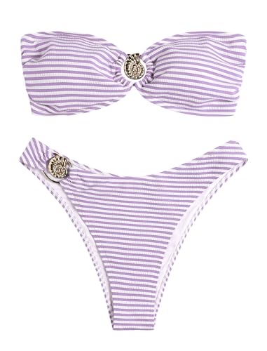 Image of ZAFUL Women's Bandeau Bikini O Ring Strapless Tie Back High Cut Two Piece Swimsuit Bathing Suits