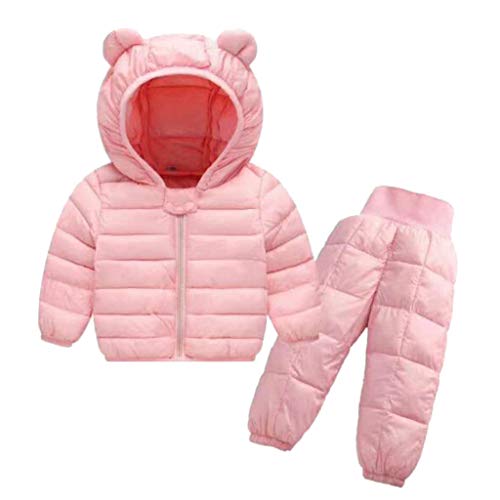 Padded Snowsuit Toddler Boys Girls 2Pcs Winter Hooded Down Coat Set Winter Warm Puffer Jacket+Ski Pants Outfits(Pink,2-3Y)