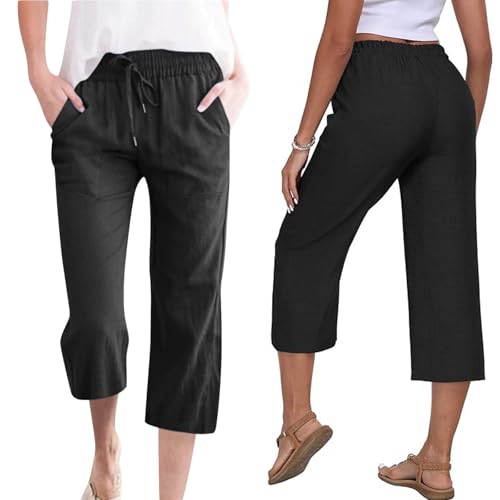 Capri Pants for Women Casual Summer Cotton Linen Capris Drawstring Elastic High Waist Pants Wide Leg Cropped Trouser 2025 New3