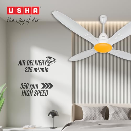 Image of USHA Bloom Lily Nova 4-Blade BLDC Ceiling Fan |100% Copper Motor |Bi-Directiona|RF Remote |Sleep, Boost & Timer Mode |Whisper-Quiet |Dust-Resistant |3Y Motor & 2Y PCB Warranty | White & Saffron Yellow