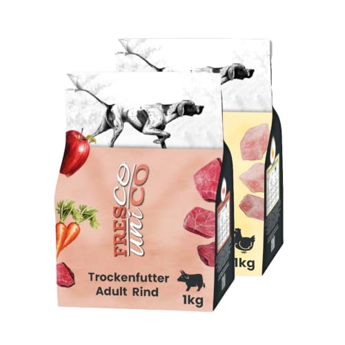 FRESCO Dog Unico PROBIERPAKET 2 x 1kg | Hundefutter trocken Huhn, Rind | 66% Fleischanteil & Gemüse | Mono-Protein & hohe Verträglichkeit | Sorgsam luftgetrocknet | Trockenfutter für Hunde sensitiv