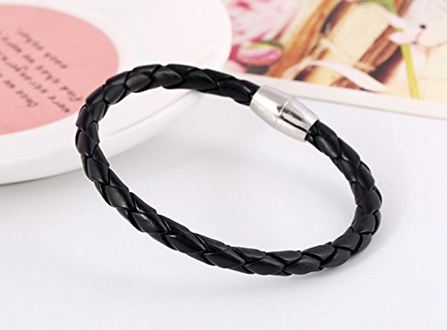 More Fun Charm Stainless Steel Magnetic Lock Clasp Black Woven Braided Leather Wristband Bracelet #TOP2