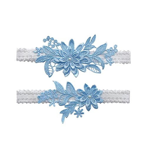Wedding Garters for Bride Bridal Lace Garter Set Floral Leg Ring with Hand Sewn Faux Pearls (Sky Blue)