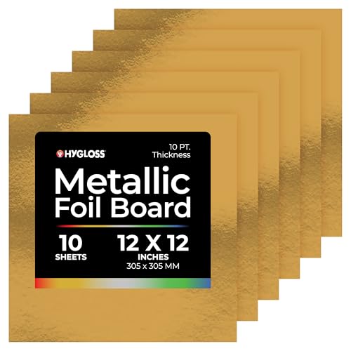 Hygloss Metallic Cardstock Sheets – 10 Shiny Gold Sheets, 12” x 12” - Sturdy 10 pt. – Metallic Foil Board Paper for Crafts, Scrapbooking, Posters & Decorations