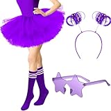 JenPen 4 Pcs Women's Tutu Costume Set Layered Blue Tulle Tutu Skirt Striped Socks Headband Star Sunglasses for Women Adult (Purple,Novel)