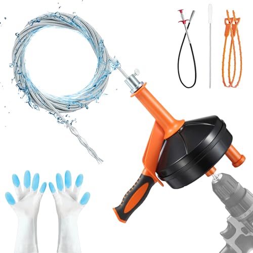Image of Drain Snake, Drain Auger with Drill Attachment, 25 Feet Plumbing Snake Tool Set Included Drain Clog Remover, Hair Clog Remover & Cleaning Brush for Kitchen, Bathroom and Shower Sink with Gloves