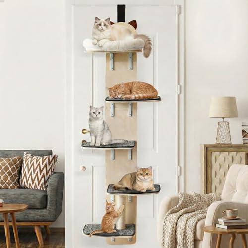 5-Levels Door Hanging Cat Climber Vertical Door-Mounted Cat Tree Tower with Full Carpeted Plank & Cat Scratching Post for Small Medium Cats (5-Levels Cat Head Style)