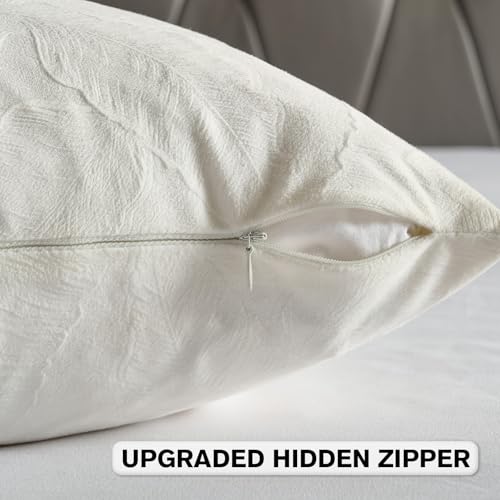 Image of FUTEI Pack of 2 Velvet Throw Pillow Covers 20x20 Inch Soft Embossed Leaf-Relief Textured Decorative Cushion Cases Modern Natural Farmhouse Accent for Couch Bed Living Room, Cream