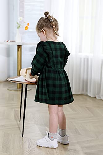 Toddler Baby Girl Clothes Classic Plaid Dress Ruffle Long Sleeve Casual Dresses Princess Fall Winter Outfits (3-4T, Green Plaid) #TOP3