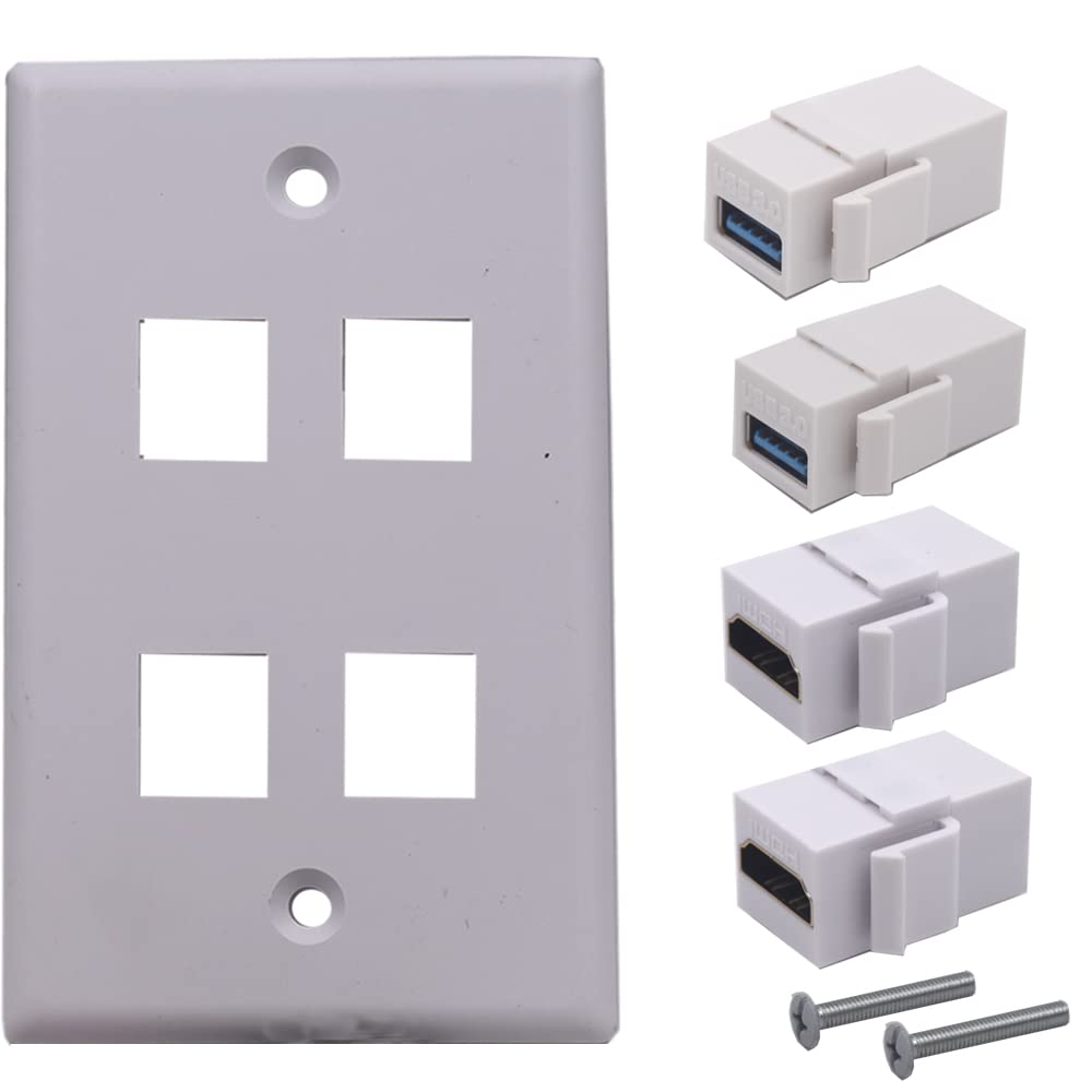Kework 4 Ports Wall Plate, HDMI & USB3.0 Female to Female Keystone Jack Module Wall Plate, 2 Ports HDMI 4k + 2 Ports USB 3.0 Outlet Socket Wall Plate