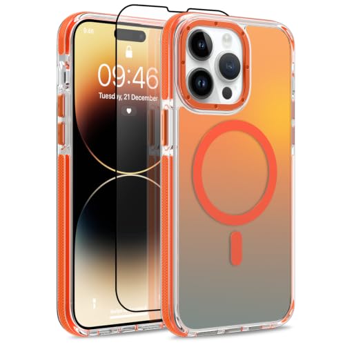 Image of Magnetic Case for iPhone 14 Pro [Compatible with Magsafe] [Cute Fashion Fluorescent Design] [1 Screen Protector] Slim Translucent Matte Case for iPhone 14 Pro 6.1 inch 2022, Orange