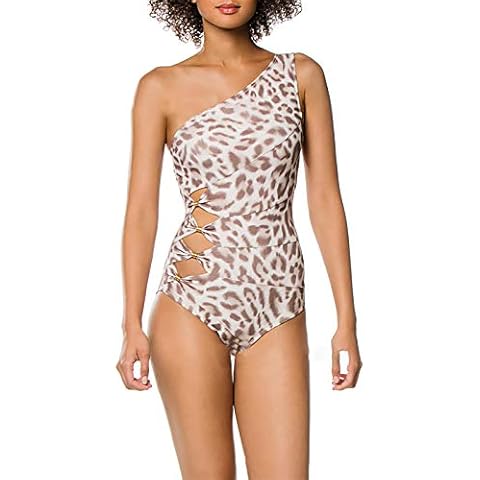 Hilinker Women's Leopard Bathing Suits One Shoulder Cutout One Piece Swimwear - brown - Medium Cover