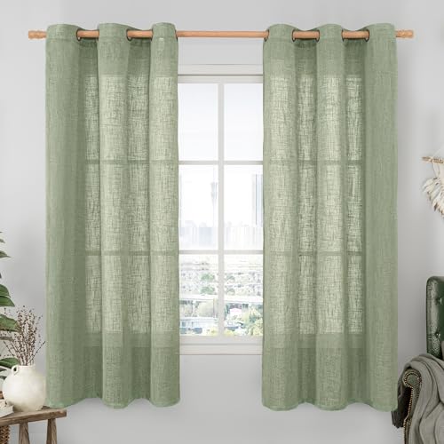 Image of LAMIT 60 Inch Length Semi Sheer Linen Curtains 2 Panels Set, Sage Green Light Filtering Bedroom Drapes Bronze Grommet Spring Decor Panels for Kitchen /Windows /Dining Room, 34 x 60 Inch