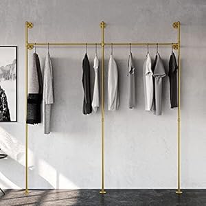 pamo industrial pipe clothing rack – KIM II Gold – clothes rack for wardrobe, bedroom and as walk-in closet system. Sturdy clothing racks for hanging clothes I wall mounted heavy duty clothes rack