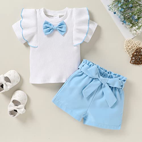 Younger Tree Newborn Baby Girl Summer Clothes Short Sleeve Ruffled Bowknot T-Shirt Shorts Outfits Cute Newborn Girl Clothing(White Blue,18-24 Months) #TOP2