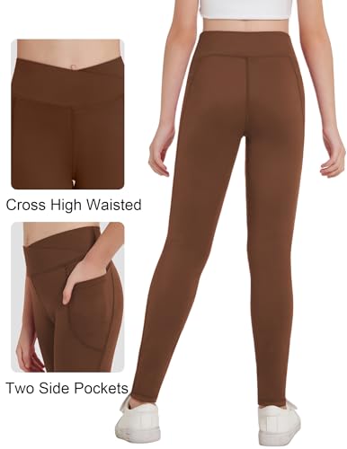 Zaclotre Girls Athletic Leggings Cross High Waisted Yoga Pants for Kids Dance Workout Running Tights with Pockets3