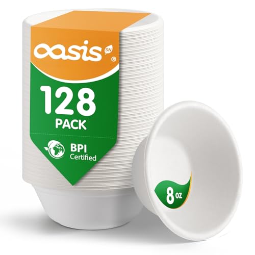 OasisSN 240ml (8 oz) 128 Pack Compostable Paper Bowls Small Disposable Bagasse Bowls for Dessert Cereal & Snacks Heavy Duty Microwave & Freezer Safe Eco Friendly (White)