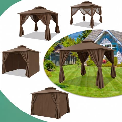 Image of COBIZI 10x10 FT Outdoor Gazebo, Soft Top Patio Gazebo with Ventilated Double-Tier Roof, Heavy-Duty Metal Frame Canopy with Removable Privacy Curtains for Backyard, Garden, Lawn, Brown