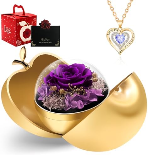 Preserved Real Roses with Heart Necklace - Birthday Gifts for Women, Forever Rose in a Jewelry Box, Eternal Flower Gift Set for Her on Valentines Mothers Day Christmas Anniversary (Purple)