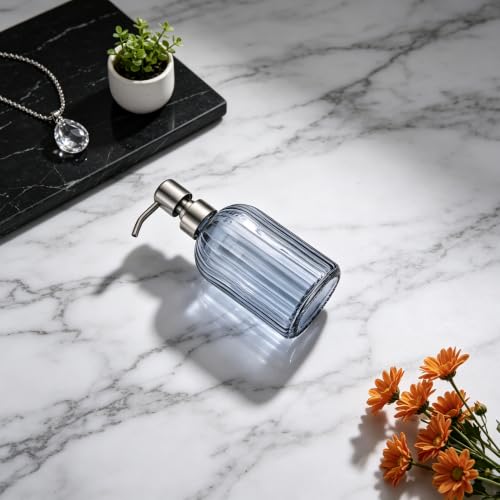 Image of 16 OZ Blue Grey Striped Glass Soap Dispenser with Brushed Nickel Pump
