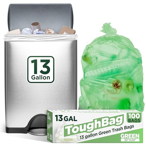 ToughBag 13 Gallon Trash Bags (100 Count) - Kitchen Trash Bags, Green Recycle Can Liners