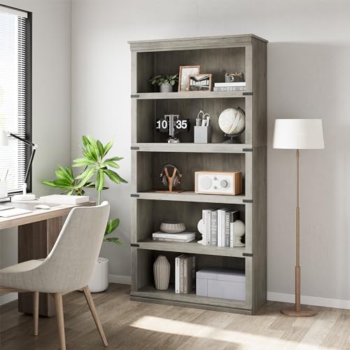 GarveeHome 5 Tier Farmhouse Bookcase, 67.4" Tall Book Shelf with Storage, Wooden Bookshelves 5 Shelf Display Shelves for Home Office(67.4" H x 31.5" W x 12.8" D) (Grey, 67.4" H x 31.5" W x 12.8" D)