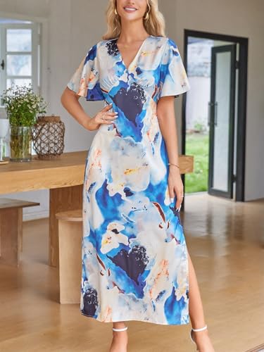 Image of Women's 2025 Satin Dress Elegant Deep V Neck Flutter Sleeve A-Line Gown Cocktail Party Maxi Dresses