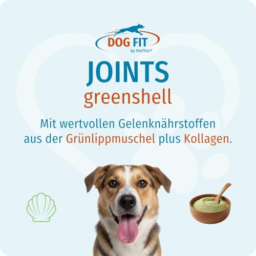 DOG FIT by PreThis® Joints greenshell | Grünlippmuschel & Kollagen für Hunde | Gelenk-Vitalstoffe mit Vitamin B12 (Methylcobalamin) & E | Für alle Hundegrößen