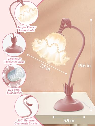 Image of Flower Table Lamp Bedside Lamps LED Reading Light,3 Color Modes Cute Small Lamp,Vintage Flower Lamp Kawaii Table Lamp for Bedroom Living Room Office Dorm Desk Home Decor (Pearl Pink lamp)