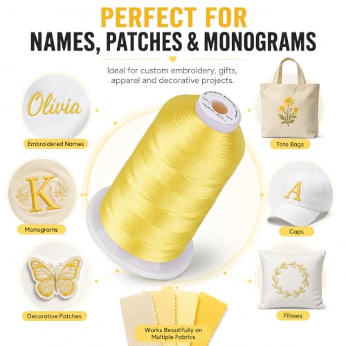 Image of Simthread 5500Yds /5000M 40WT Polyester Embroidery Thread Lemon Yellow 202 | High-yardage 5000M spool offers smooth feeding and stable 40WT polyester thread for home and commercial embroidery machines.