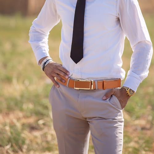 Image of Men's Ratchet Leather Belt Set - 2 Pack Sliding Belt Adjustable For Gift Mens Dress Casual 1 3 /8 inch,Cut for Fit