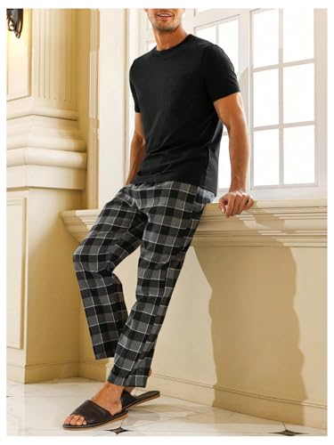 Verdusa Men's 2 Piece Pajama Sets Plaid Pj Set Sleepwear Lounge Set Tee With Pants3