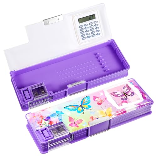 Image of Henoyso Multifunctional Pencil Box for Girls, Butterfly Pencil Case with Calculator and Sharpener, 2026 Back to School Supplies Organizer for Kids Teens Students, Elementary Classroom Gift