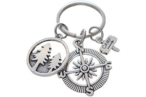 Camping Charm Keychain with Mountain & Pine Tree Scene Charm, Compass Charm...