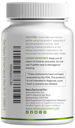 DEAL SUPPLEMENT Slippery Elm Capsules – 300 Pills, Made with Organic Inner Bark Powder Extract – Natural Herb for Soothing Throat & Digestive Support – Non-GMO