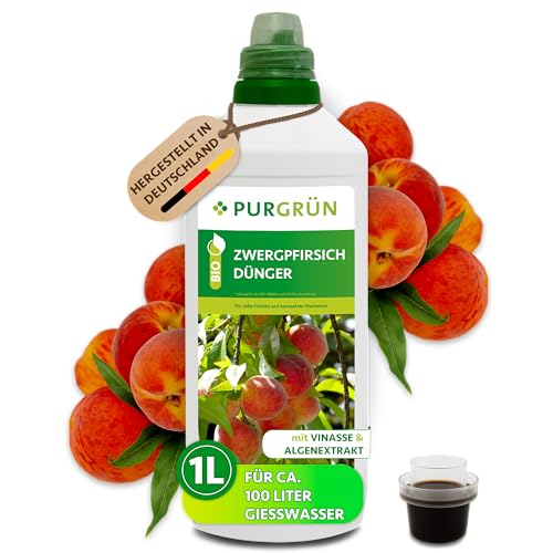 Purgrün® Bio-Zwergpfirsich-Dünger 1 Liter – Organische Rezeptur – Premium-Flüssigdünger – NPK 4+1+7 – Mit Algenextrakt & Vinasse – Extra Kalium für saftige Pfirsiche – Ohne tierische Inhaltsstoffe