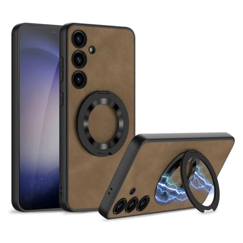 Image of TechTrendz Magnetic Suction Rotating Wireless Charging Bracket Anti-Fall Leather Case for Samsung Galaxy S25 (Brown)